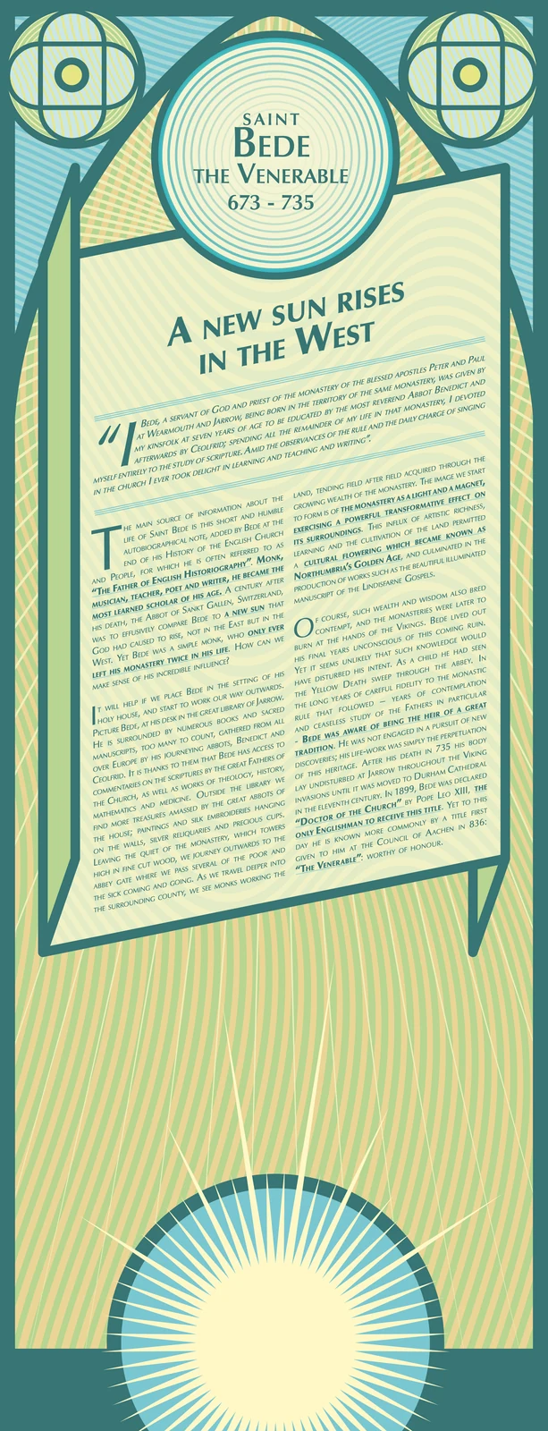 Illustrated exhibition text panel for Saint Bede the Venerable