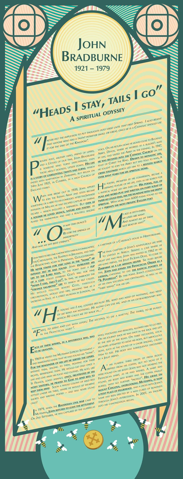 Illustrated exhibition text panel for John Bradburne